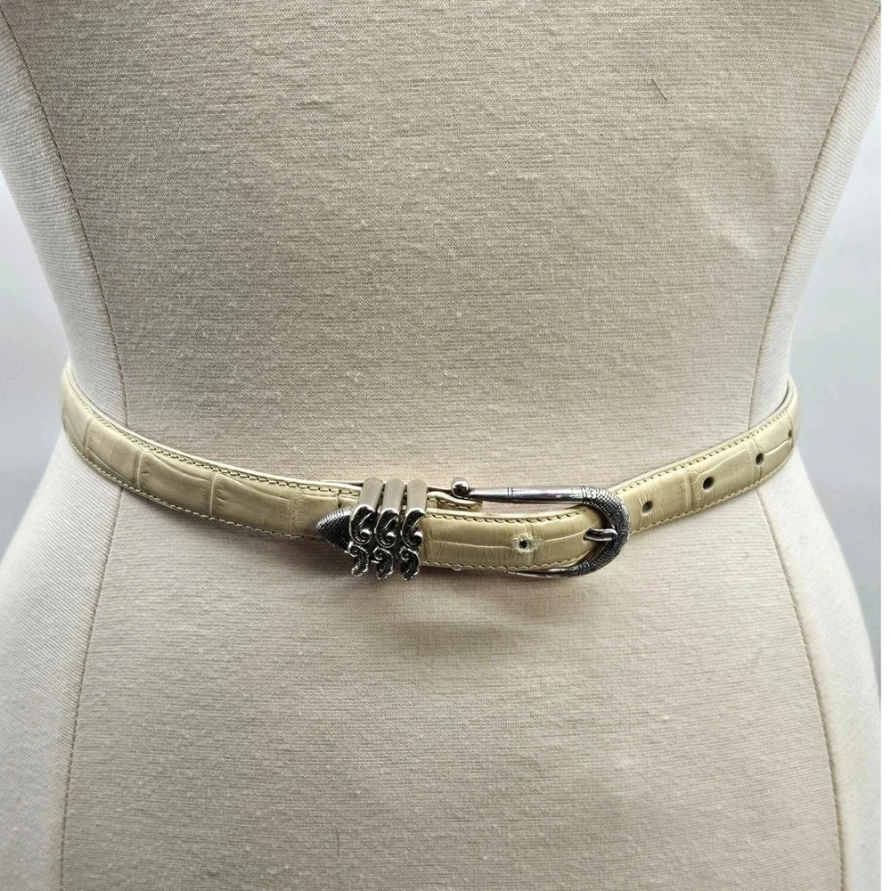 Brighton Cream Croc Embossed Leather Skinny Belt Silver Hardware 32 B10402